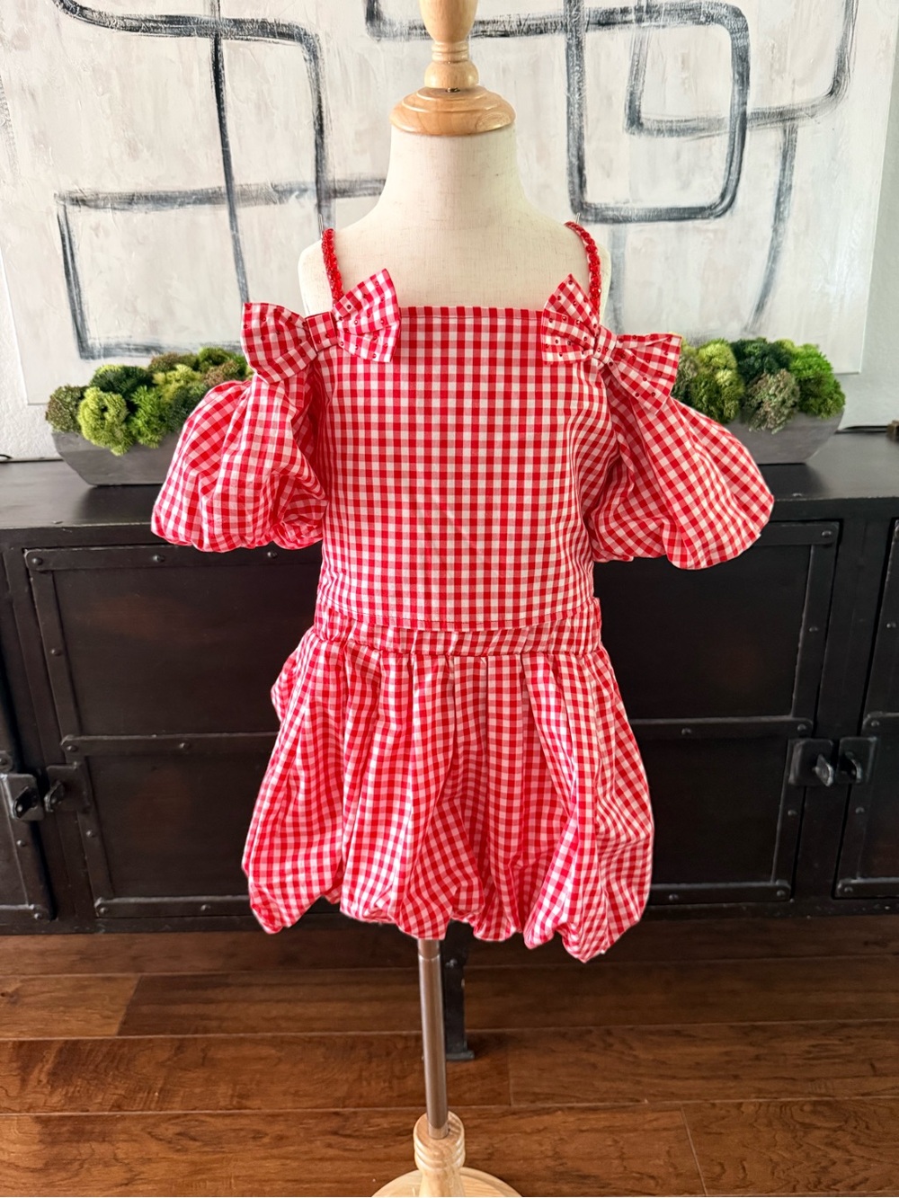 Lola + The Boys Red Gingham Puff Sleeve Bubble Dress with Bows